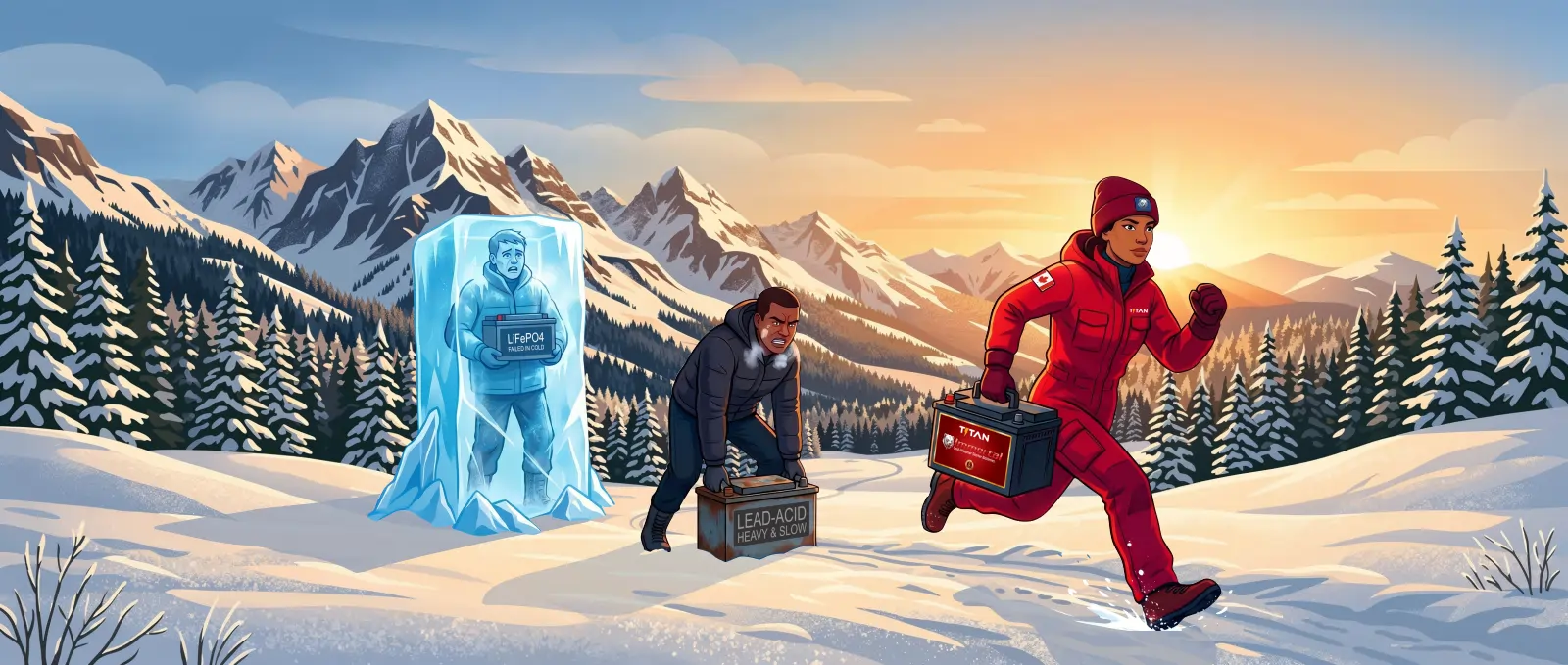 Titan LTO starter battery illustration, showing a person frozen in ice, another person struggling with lead-acid battery and a woman running with a lightweight LTO Cold-weather battery
